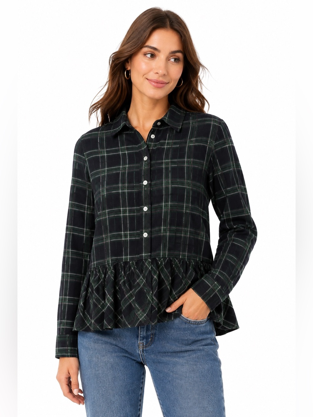 Trovata Birds of Paradis Plaid Ruffle Hem Button Down Shirt Black Green L
